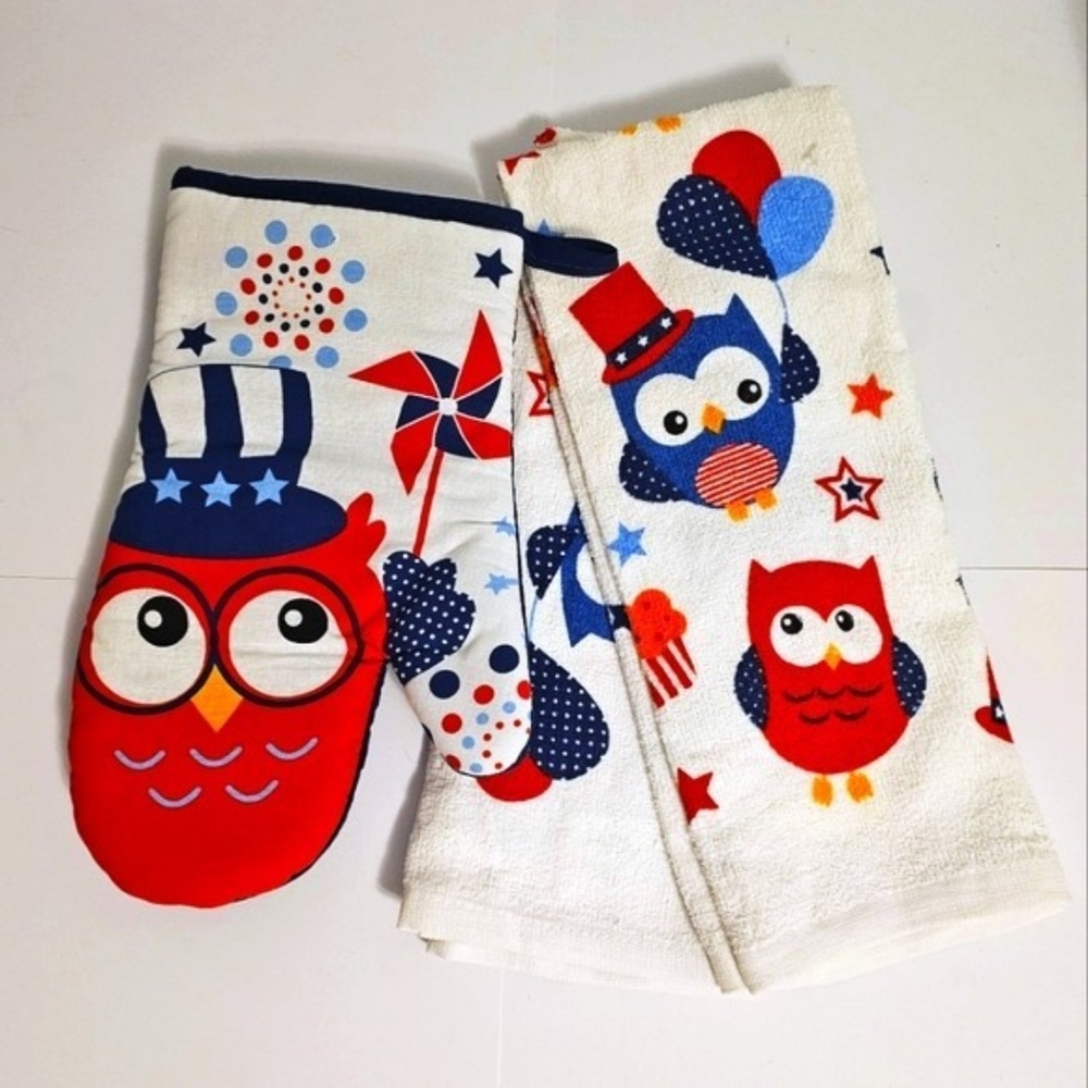 NWOT Patriotic Owl Kitchen Set 3pcs 4th of July